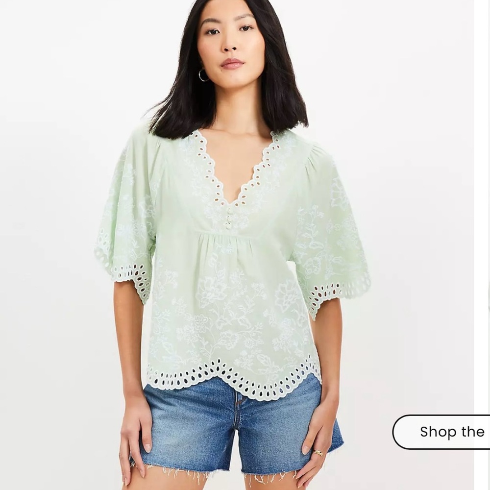 LOFT Light Green Eyelet Blouse